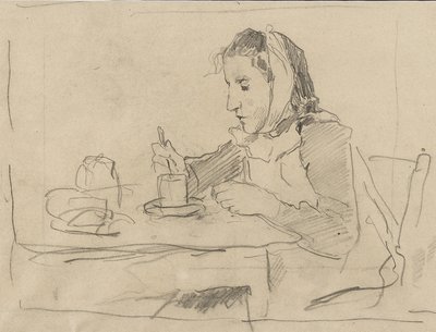 Girl Sitting at the Table with Cup by Albert Anker